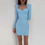 Emily Ratajkowski Dress Padded Shoulder Retro Hip-Wrapped Long Sleeve Skirt