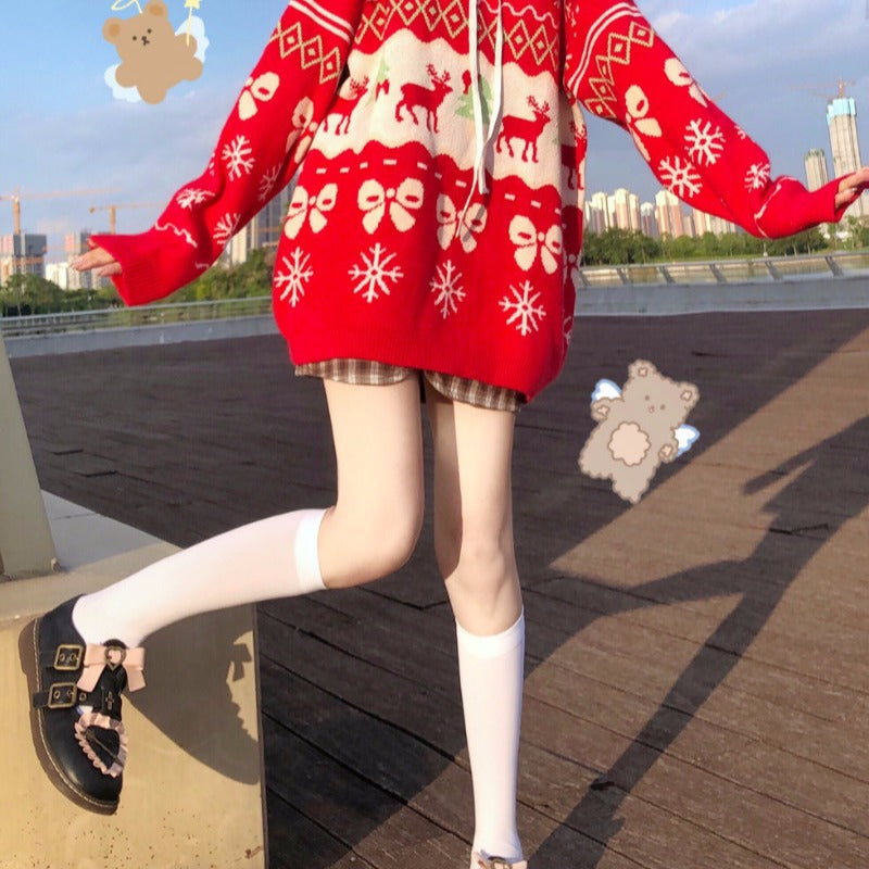 Gothic Lolita Harajuku Style Dressing Autumn Christmas Loose Outer Wear Red Cute Sweater