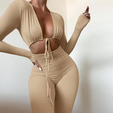 Summer Tight Sexy Cropped Lace-up Solid Color Jumpsuit for Women