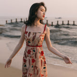 Women Cottagecore Dress Vintage Dress Embroidered Strap Dress Travel Photography Dress Summer off-Shoulder Seaside Vacation Dress