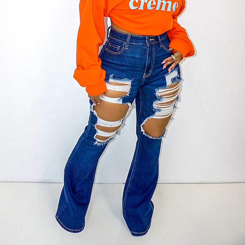 Women Distressed Denim Jeans Ripped Jean Ripped Jeans Bell-Bottom Pants Women