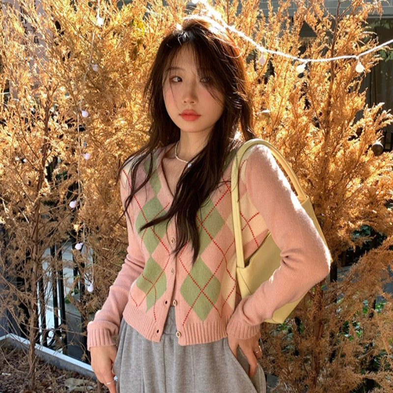 Preppy Aesthetic Outfits Pink Cardigan Women's Spring and Autumn V-neck Sweater Short