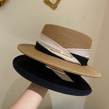 Straw Hat Dual-Color Patchwork Decorative Flat Top Hat