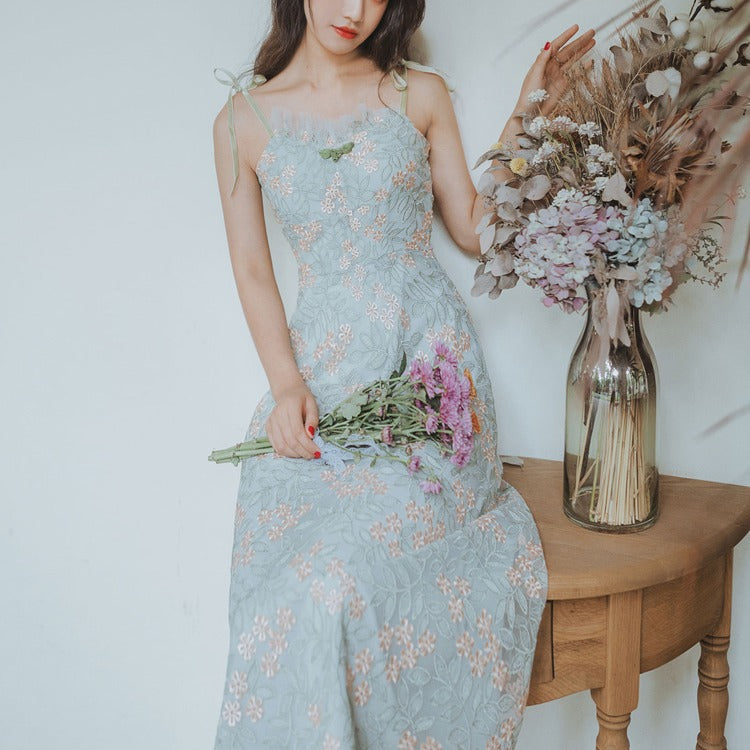 Women Cottagecore Dress Green Waist Trimming Spaghetti Straps Dress Summer