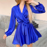 Knee Length Semi Formal Dresses for Wedding Women's Long Sleeve V-neck Solid Color Wide Hem Lantern Sleeve Belt Dress