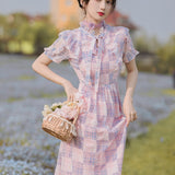 Women's cottagecore Dress Printed Plaid Dress Short Sleeve Women's Summer
