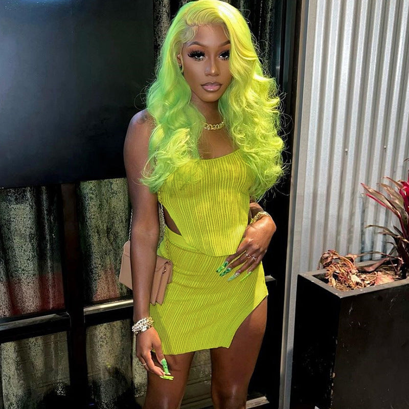 Women Top & Skirt 2 Piece Set Summer Spaghetti Straps Midriff-Baring Vest Hip Split Skirt Suit