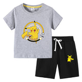 Children Pokemon Pikachu Tshirts & Shor Cotton Short-Sleeved Shorts Two-Piece Set