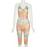 Summer Women's Clothing Sexy Low Collar Sleeveless Printed Sling Tight Sports Casual Jumpsuit