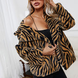 Women Sherpa Jacket Leopard Print Lapel Plush Loose Faux Leather Faux Leather Jacket