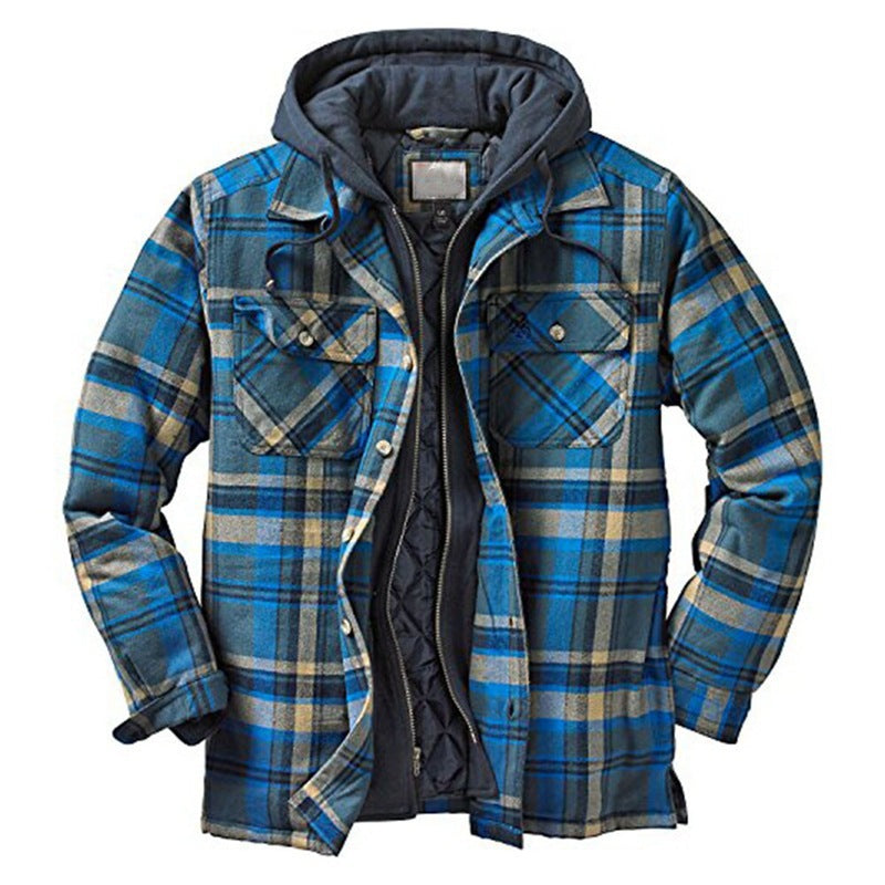 Mens Flannel Jacket with Hoodie Autumn Thickened Cotton-Padded Coat Plaid Long Sleeve Hooded Hooded Jacket Coat