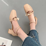 Nude Pumps Block Heel Bowknot Mary Jane Leather Shoes