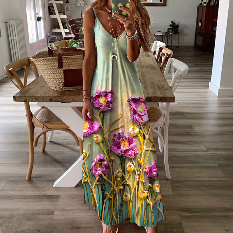 Women Bohemian Dress Summer Spaghetti Straps Sleeveless Loose Printed Dress