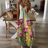 Women Bohemian Dress Summer Spaghetti Straps Sleeveless Loose Printed Dress
