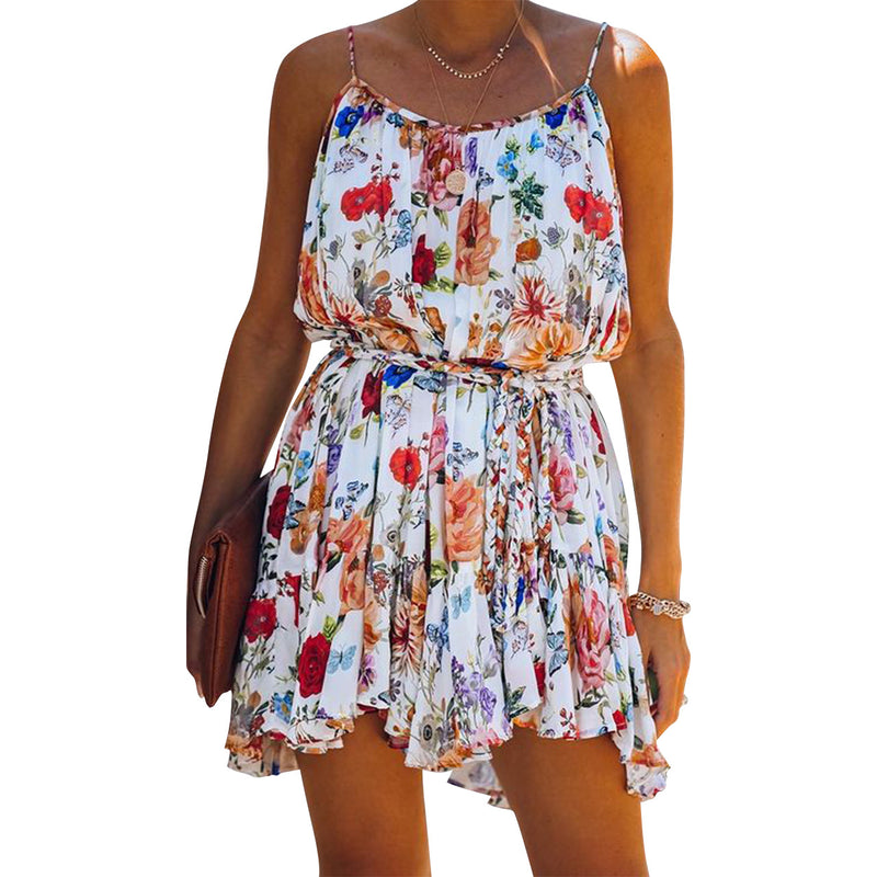 Spring and Summer Chiffon Printed Large Swing Strap Lace-up Temperament Commute Dress