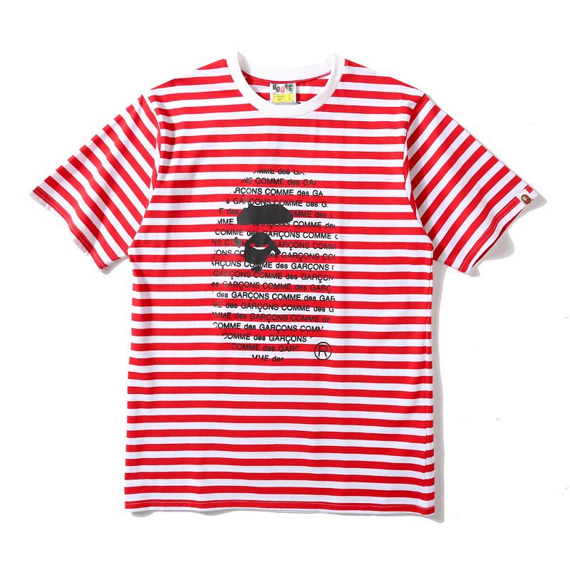 Shark Print T Shirt Striped Ape Head Letter Print Short-Sleeve T-shirt