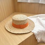 Straw Hat Raffia Flat-Top Cap Summer Sun Protection for Children Beach Straw Hat