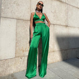 Women Top & Pant 2 Piece Set Autumn and Winter Lace-up Backless Underwaist Wide-Leg Pants Casual Suit