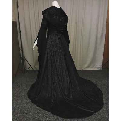 Vintage Empire Waist Dress Women's Solid Color Long Sleeve Hooded Dress