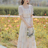 Women cottagecore Dress Summer Vintage Skirt Square Collar Floral Dress Mid-Length Skirt