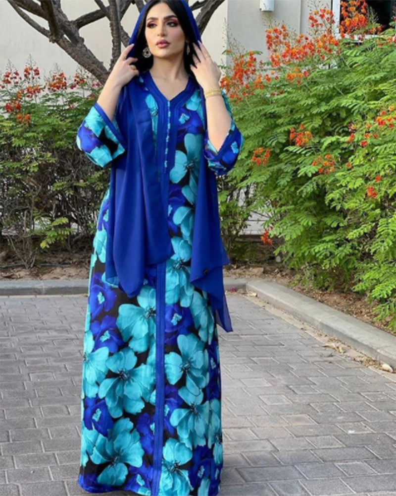 Muslim Women Stylish Kashibo Abaya Muslim Ladies Long Gown Islamic Clothing Jilbab Jalabiya Blue Print Loose Long Dress