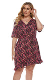 Women Plus Size Mini Dresses v Collar Printed Lace Up Dress