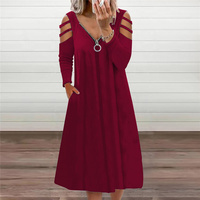 Work Dresses with Pockets Autumn Zipper V-neck Solid Color Long Sleeve Dress