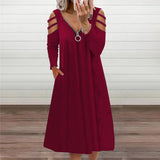 Work Dresses with Pockets Autumn Zipper V-neck Solid Color Long Sleeve Dress