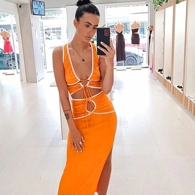 Women Top & Skirt 2 Piece Set Summer Sexy Hollow out Vest Sheath Skirt Suit