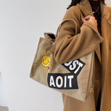 The Teacher Tote Smiley Face Canvas Big Bag Fashion Handbags Shoulder Bag Large Capacity Casual Tote Bag