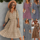 Beth Dutton Bohemian Winter Dress Midi Dresses Waist Slimming Autumn and Winter Large Swing Floral Skirt