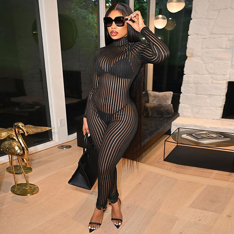 Autumn Sexy Hollow-out Striped Mock-Neck Hip Raise Skinny Sports Jumpsuit Women
