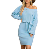 Sweater Dress Outfit With Tights 2 Pieces Set Autumn and Winter Knitted Solid Color Slim Women's Long Sleeve off-Shoulder Dress