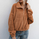 Women Sherpa Jacket Autumn and Winter Double-Sided Plush Lapel Short Top Drawstring Sweatshirt Coat