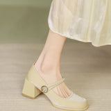 Nude Pumps Block Heel Thick Heel Leather Shoes