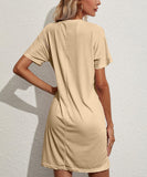 Work Dresses with Pockets Summer round Neck Solid Color Short Sleeve Casual Loose-Fitting T-shirt Dress