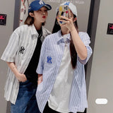 Yankees Spring/Summer Striped Casual Short Sleeve Lapel Shirt for Men