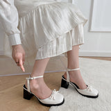 Nude Pumps Block Heel Bow Retro Sandals