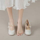Nude Pumps Block Heel Mary Jane Women's Shoes Bow Thick Heel Leather Shoes
