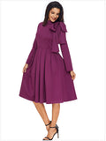Women Plus Size Midi Dresses Turtleneck Bow Long Sleeve Zipper High Waist Dress