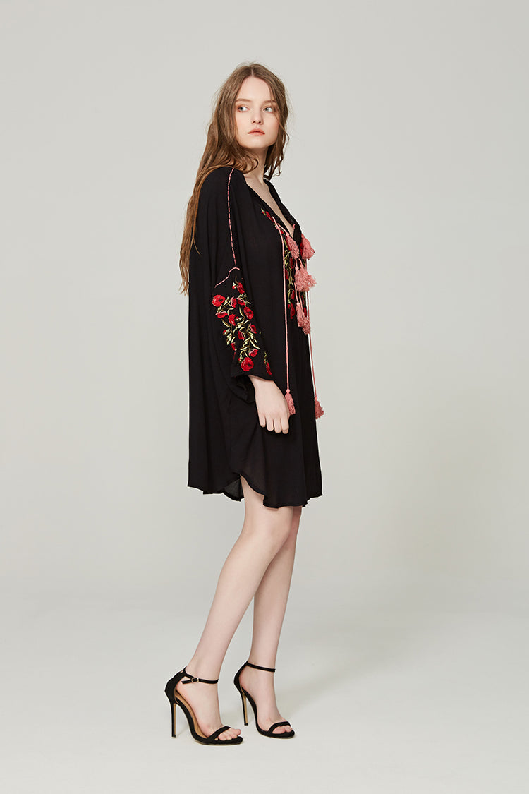 Ethnic Style Embroidered Flower Drawstring Loose Beach Dress