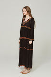 V-neck Embroidered Flower High Waist Bohemian Flare Sleeve Holiday Dress