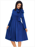 Women Plus Size Midi Dresses Turtleneck Bow Long Sleeve Zipper High Waist Dress