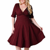 Women Plus Size MIDI Dressesv Collar Mid-Sleeve Large Swing Dress