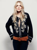 Embroidered Floral V-neck Lace-up Flower Shirt