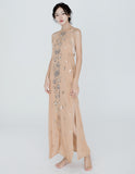 Sequined Embroidered Flower Backless Split Beach Dress