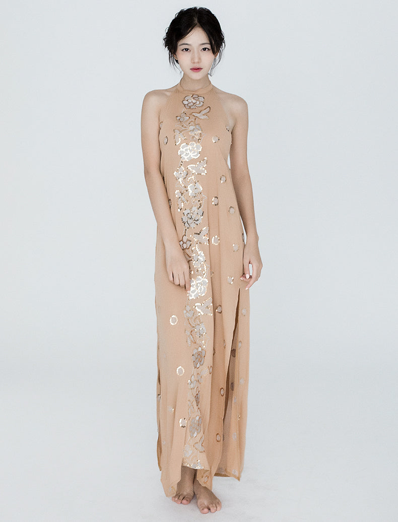 Sequined Embroidered Flower Backless Split Beach Dress