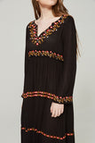 V-neck Embroidered Flower High Waist Bohemian Flare Sleeve Holiday Dress