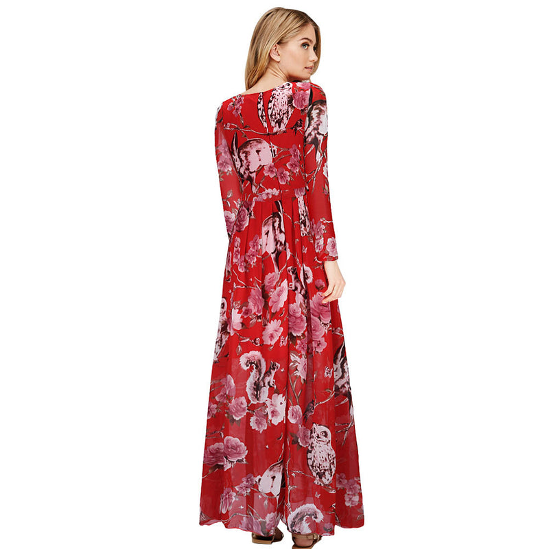 Women Plus Size Maxi Dresses Owl Print Long Sleeve Large Swing Chiffon Evening Long Dress