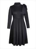 Women Plus Size Midi Dresses Turtleneck Bow Long Sleeve Zipper High Waist Dress